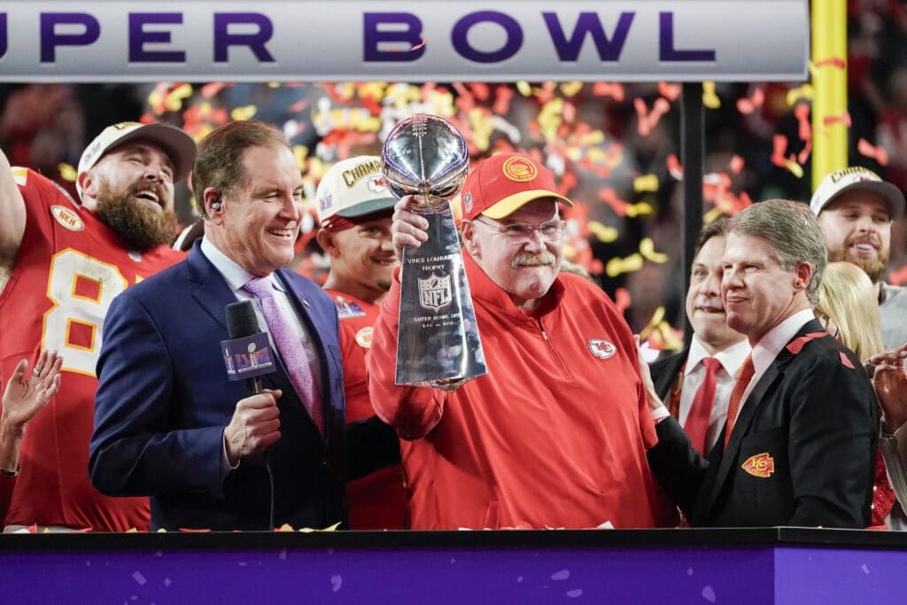 Super Bowl, Super Bowl LVIII, Jim Nantz, Andy Reid, Clark Hunt, #SuperBowl, #SuperBowlLVIII, CBS, CBS Sports, Kansas City Chiefs, #KSChiefs, #Chiefs
