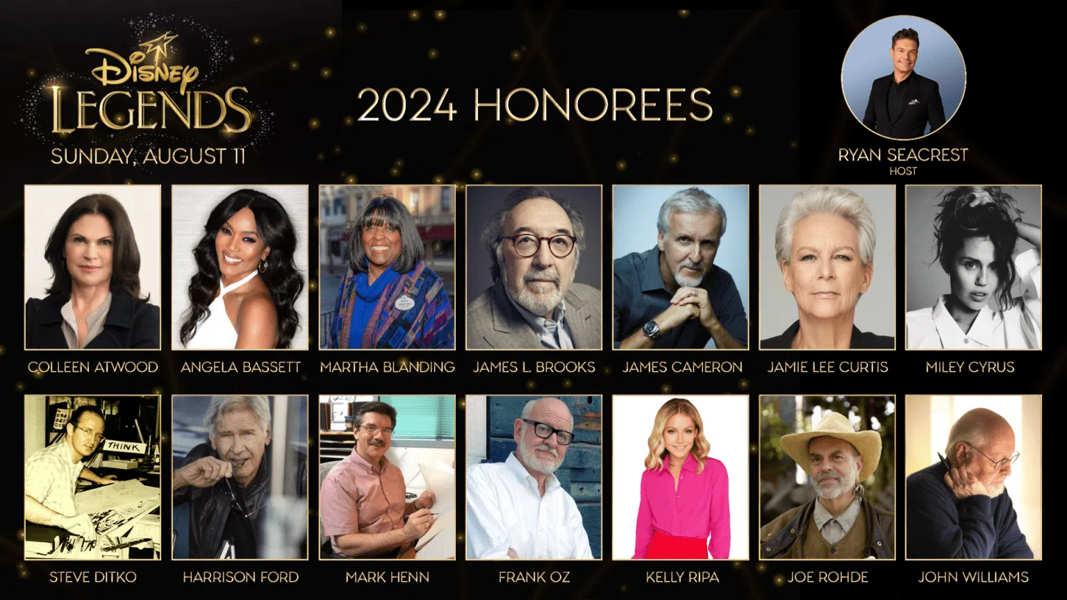 Ryan Seacrest, D23, Disney Legends, Colleen Atwood, Angela Bassett, Martha Blanding, James L. Brooks, James Cameron, Jamie Lee Curtis, Miley Cyrus, Steve Ditko, Harrison Ford, Mark Henn, Frank Oz, Kelly Ripa, Joe Rohde, John Williams