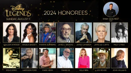 Ryan Seacrest, D23, Disney Legends, Colleen Atwood, Angela Bassett, Martha Blanding, James L. Brooks, James Cameron, Jamie Lee Curtis, Miley Cyrus, Steve Ditko, Harrison Ford, Mark Henn, Frank Oz, Kelly Ripa, Joe Rohde, John Williams