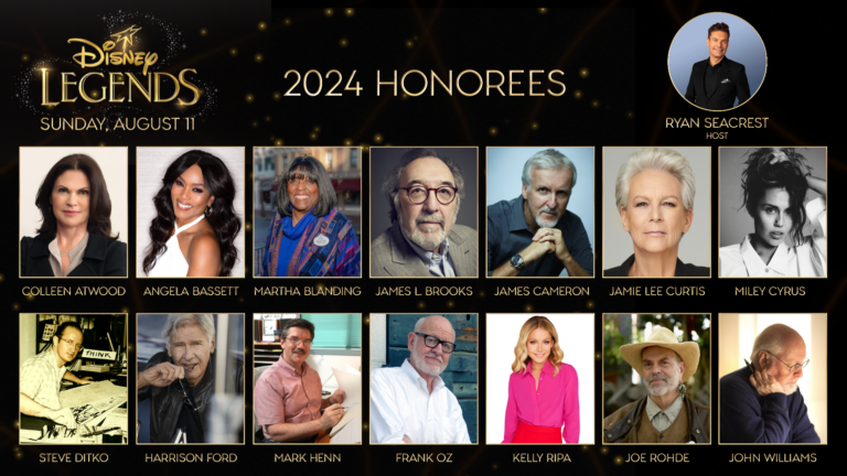 Ryan Seacrest, D23, Disney Legends, Colleen Atwood, Angela Bassett, Martha Blanding, James L. Brooks, James Cameron, Jamie Lee Curtis, Miley Cyrus, Steve Ditko, Harrison Ford, Mark Henn, Frank Oz, Kelly Ripa, Joe Rohde, John Williams